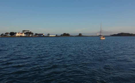 Rhino passing the Humboldt Bar Coast Guard Station at first light.