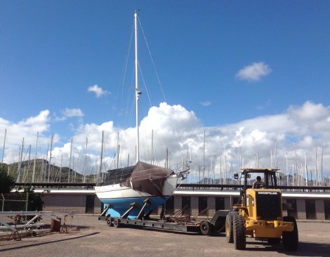 Bringing Pelican Moon out of storage and into the work yard.