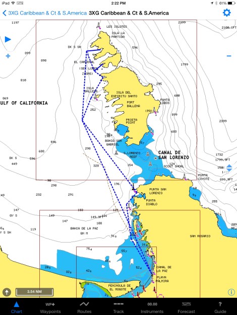 A quick look at an approximation of our route from La Paz, to the islands, and return. 
