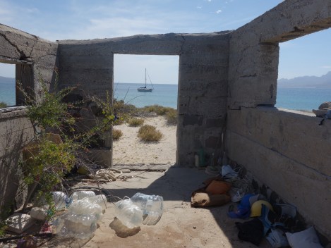 Storehouse of beach trash at the abandoned salt mine building on Isla San Jose